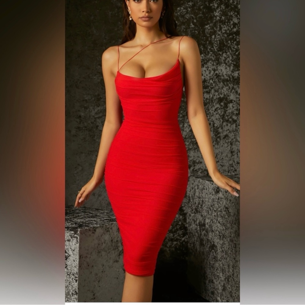 Oh Polly Red Spaghetti Strap Bodycon Midi Dress